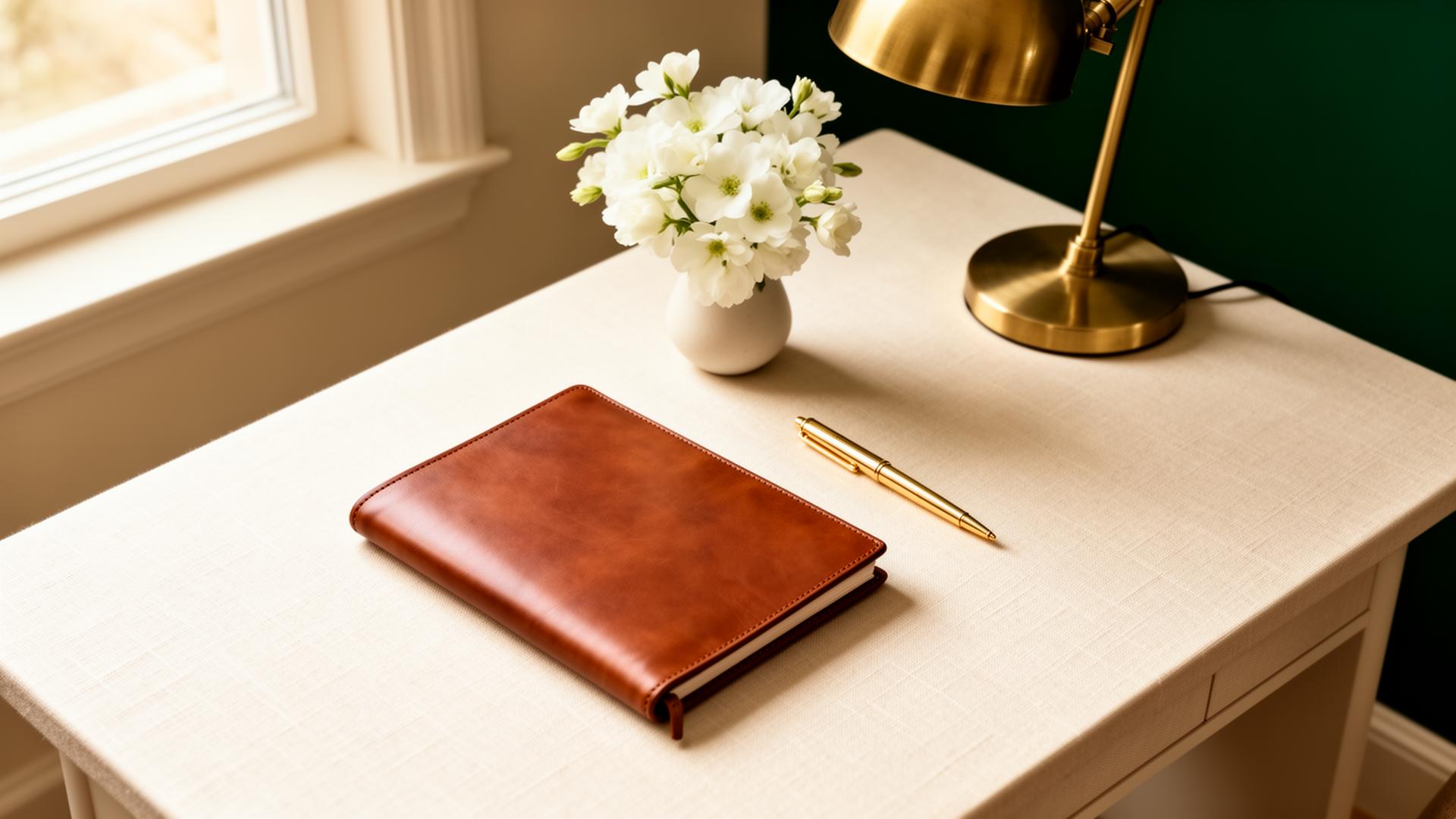Calm, organised workspace with leather notebook and brass accents